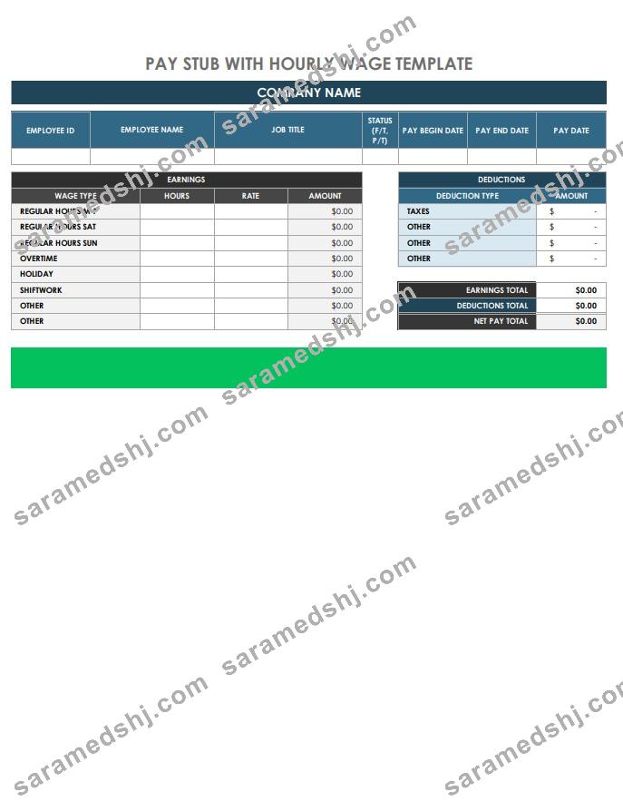 Hourly wage paystub Word and PDF template, version 2